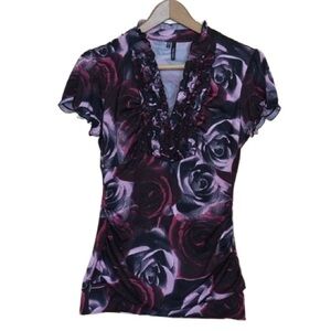 Maurices Rose Floral Ruffle Women’s V-Neck Shirt